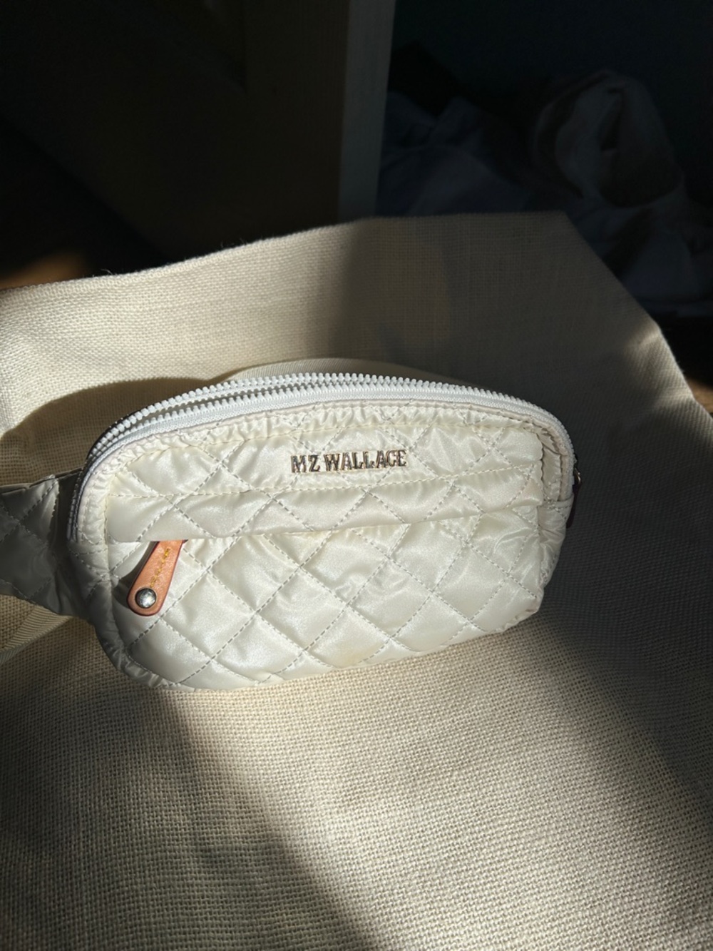 MZ Wallace Quilted Cream Mini Belt Bag with Gold Logo